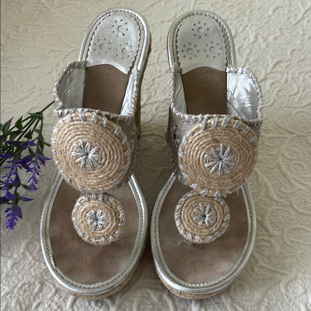 Jack Rogers Silver and Tan Wedges, Excellent Condition! Size 8.5 Made in Brazil